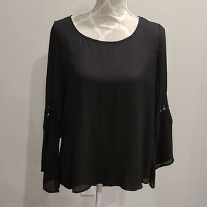 Tacera black semi sheer blouse w/ crochet sleeves
